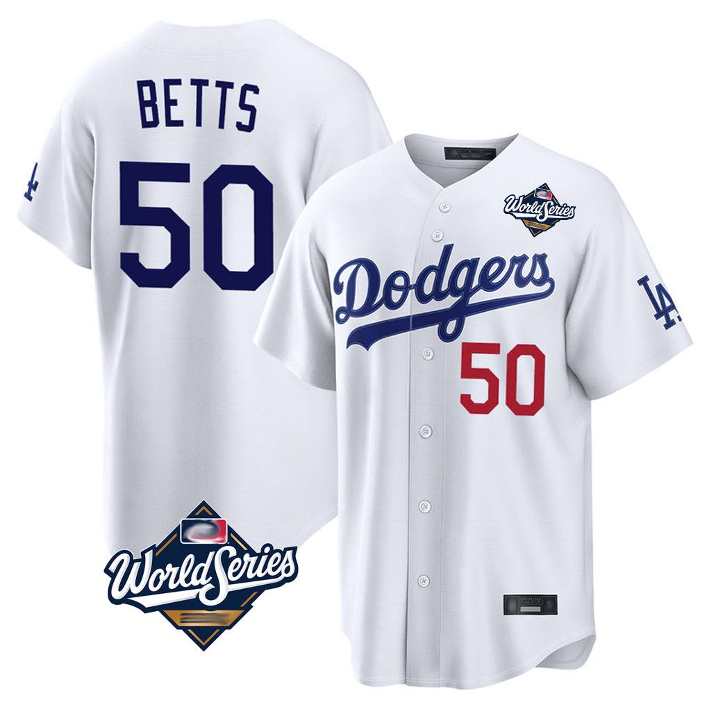 Ldoa LA.Dodgers #50 Mookie Betts Player White World Series Home Game Stitched Jerseys