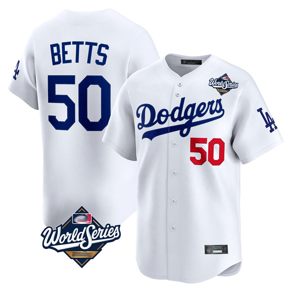 Ldoa LA.Dodgers #50 Mookie Betts Player White World Series Limited Home Stitched Jerseys