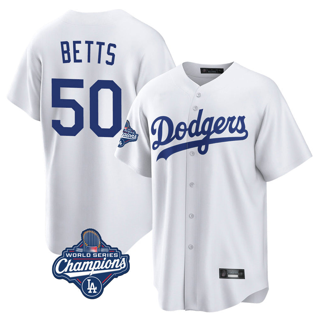 Ldoa LA.Dodgers #50 Mookie Betts Player White World Series Meet Game Home Stitched Jerseys