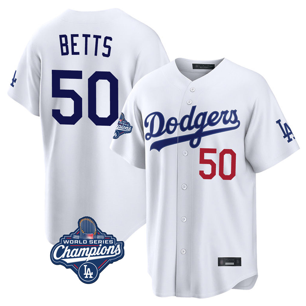 Ldoa LA.Dodgers #50 Mookie Betts Player White World Series Meet Home Game Stitched Jerseys