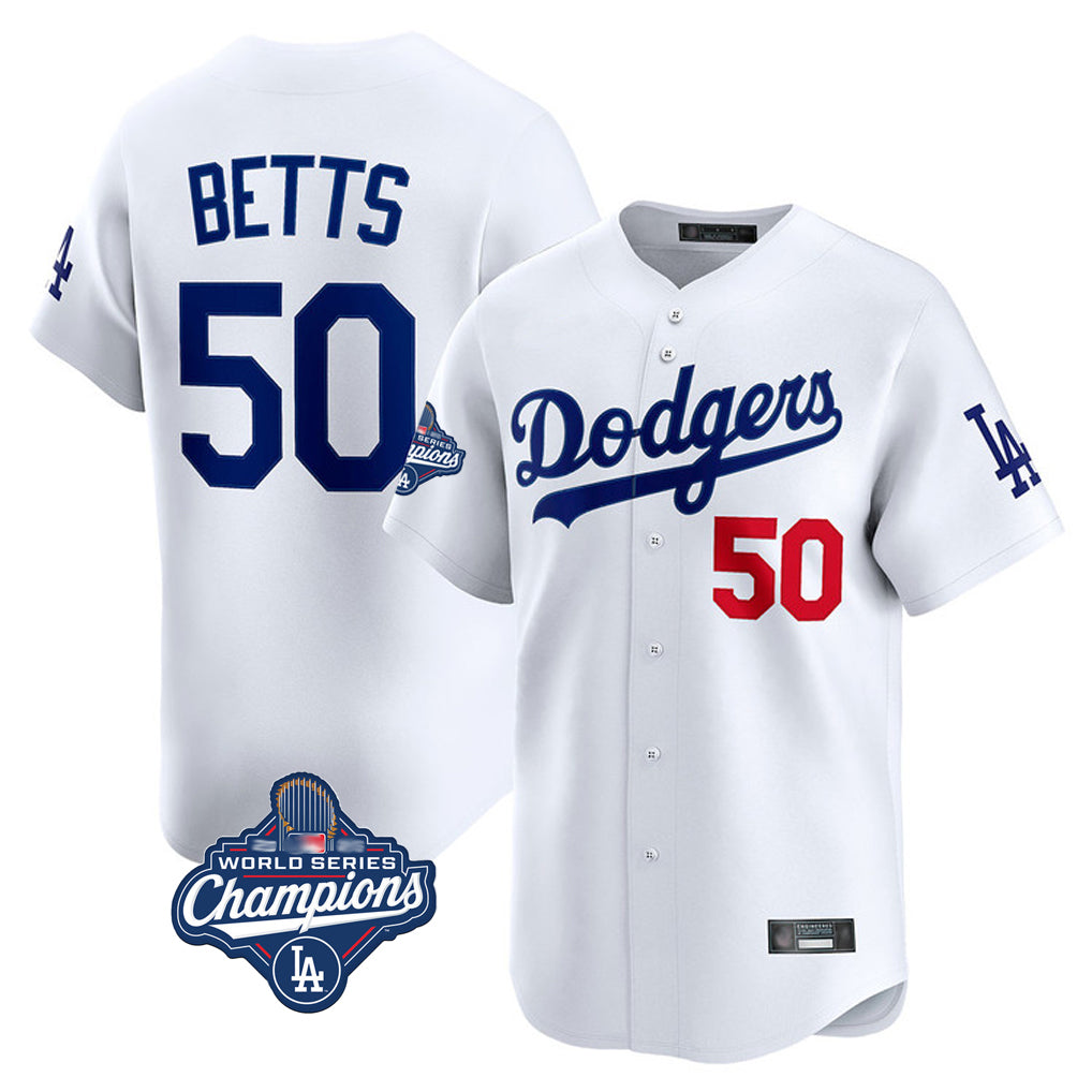 LdoaLA.Dodgers #50 Mookie Betts Player White World Series Meet Limited Home Stitched Jerseys