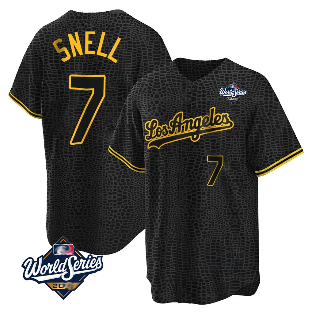 Ldoa LA.Dodgers #7 Blake Snell Player Black Snake Skin City Game Home World Series Stitched Jerseys