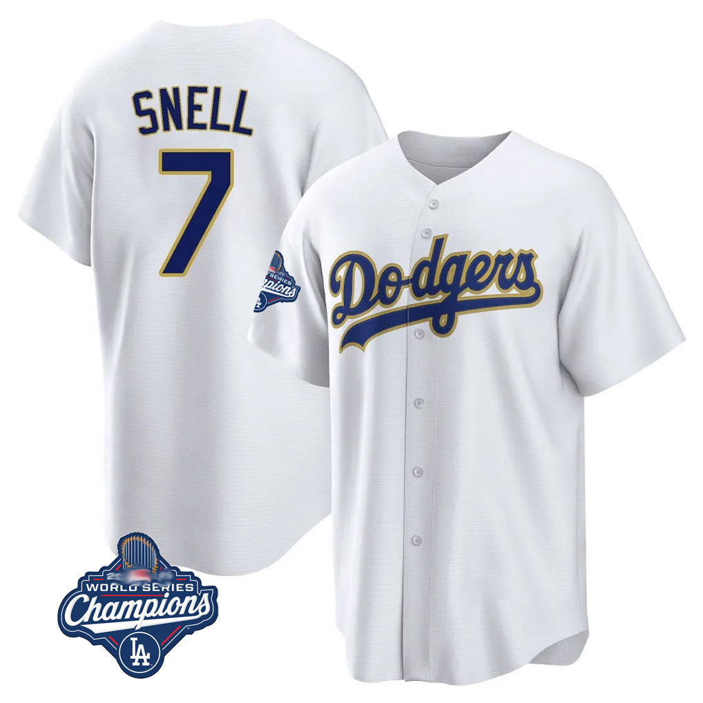 Ldoa LA.Dodgers #7 Blake Snell Player Gold White World Series Meet Home Game Stitched Jerseys