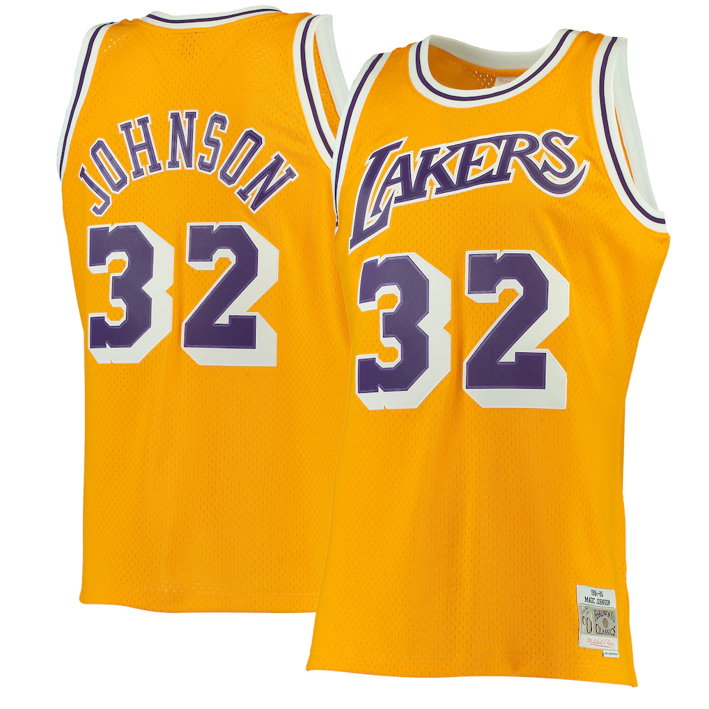 Ldoa LA.Lakers #32 Magic Johnson Mitchell & Ness Gold 1984-1985 Hardwood Classics Swingman Jerseys