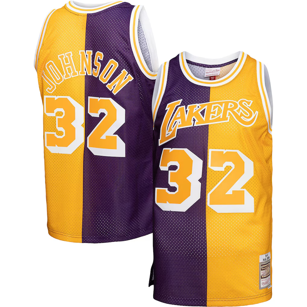 Ldoa LA.Lakers #32 Magic Johnson Mitchell & Ness PurpleGold Big & Tall Hardwood Classics 198485 Split Swingman Jerseys