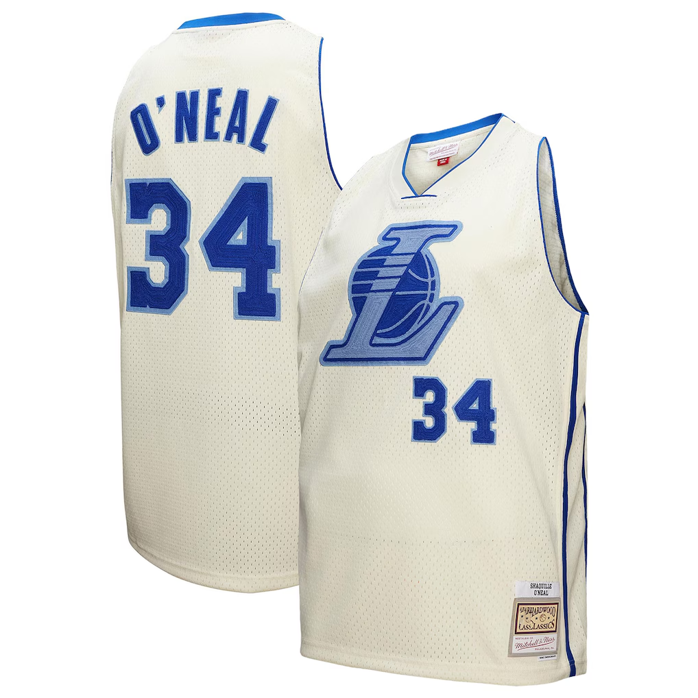 Ldoa LA.Lakers #34 Shaquille O'Neal Mitchell & Ness Cream Chainstitch Swingman Jerseys