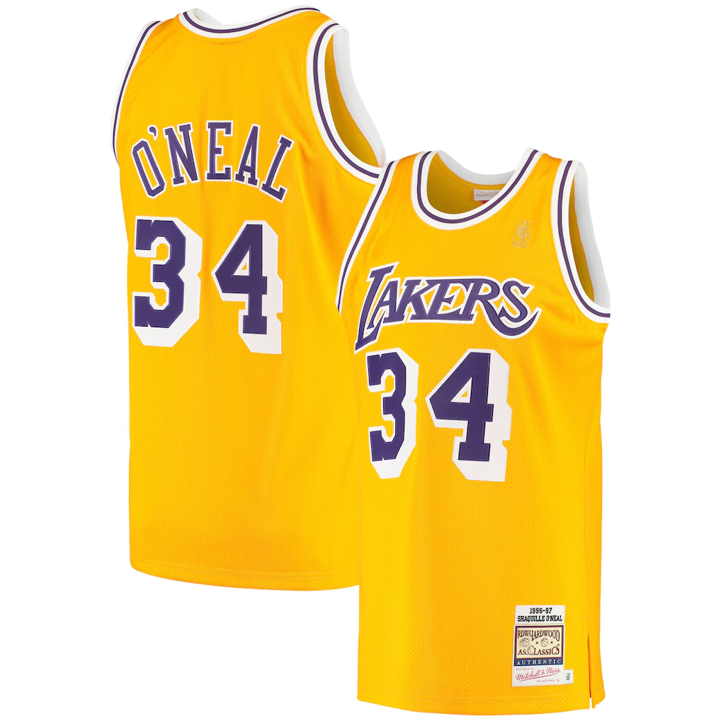 Ldoa LA.Lakers #34 Shaquille O'Neal Mitchell & Ness Gold 1996-1997 Hardwood Classics Authentic Jerseys