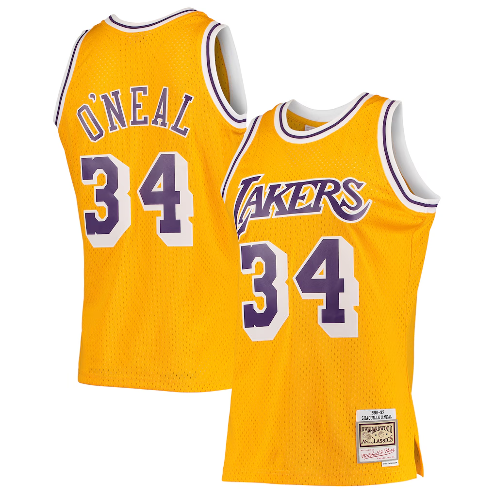 Ldoa LA.Lakers #34 Shaquille O'Neal Mitchell & Ness Gold 199697 Hardwood Classics Swingman Jerseys