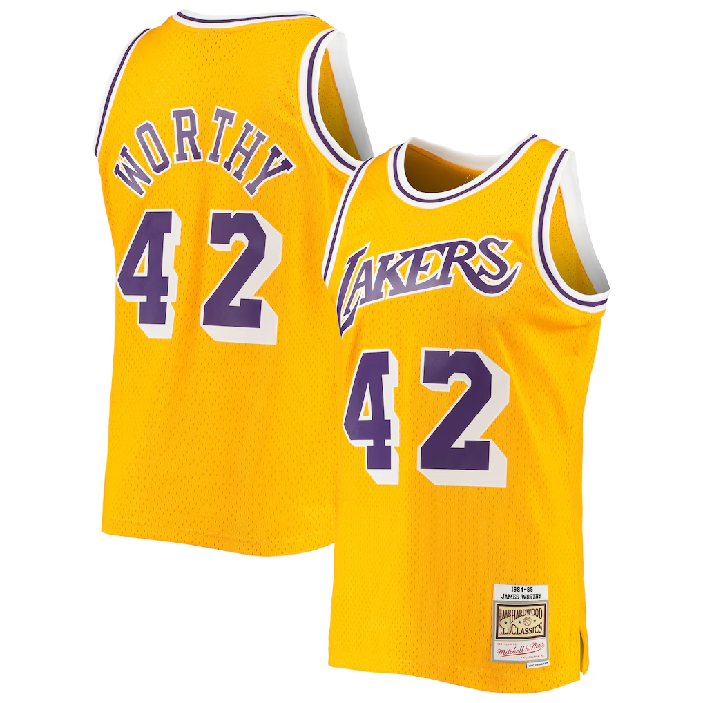 Ldoa LA.Lakers #42 James Worthy Mitchell & Ness Gold 1984-1985 Hardwood Classics Swingman Stitched Jerseys