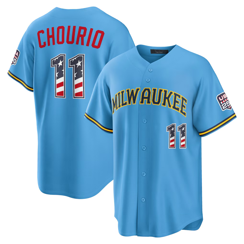 Ldoa M.Brewers #11 Jackson Chourio Light Blue USA 250 Fourth of July Road Stadium Jersey