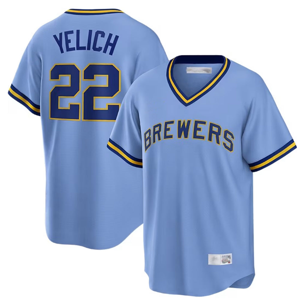 Ldoa M.Brewers #22 Christian Yelich Player Light Blue Cooperstown Collection Game T-shirt Stitched Jerseys
