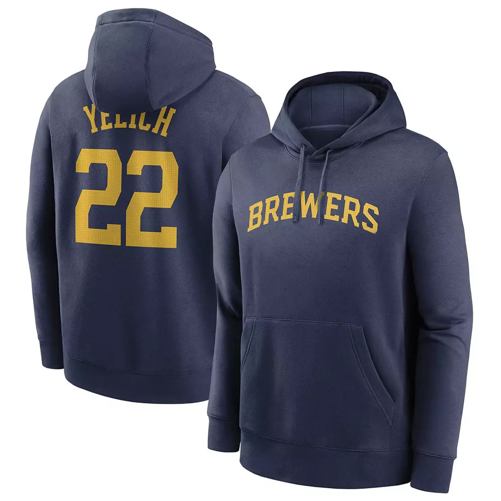 Ldoa M.Brewers #22 Christian Yelich Player Navy Club Pullover Hoodie Game Stitched Jerseys