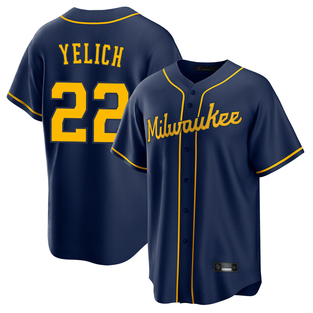 Ldoa M.Brewers #22 Christian Yelich Player Navy Home Game Stitched Jerseys