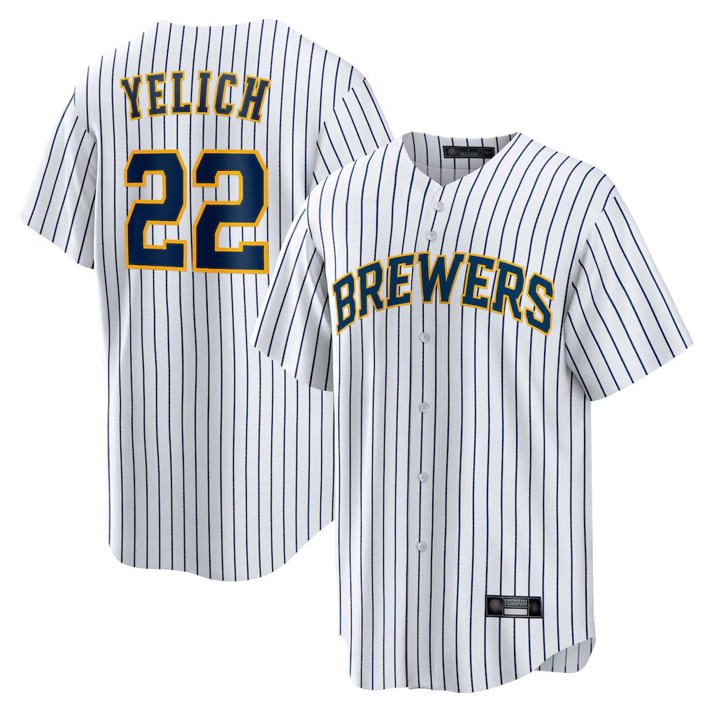 Ldoa M.Brewers #22 Christian Yelich Player White Stripes Home Game Stitched Jerseys
