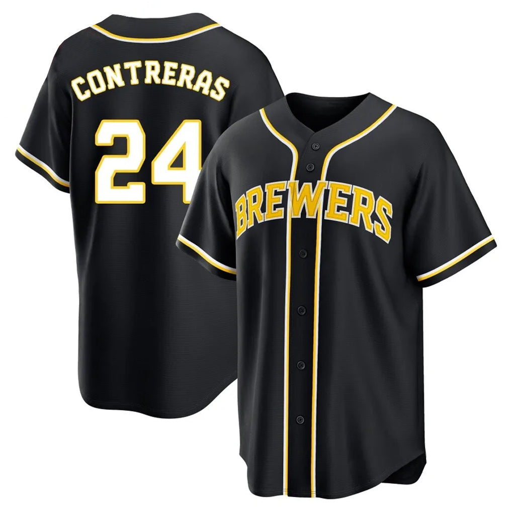 Ldoa M.Brewers #24 William Contreras Player Black Fashion Out Home Game Stitched Jerseys
