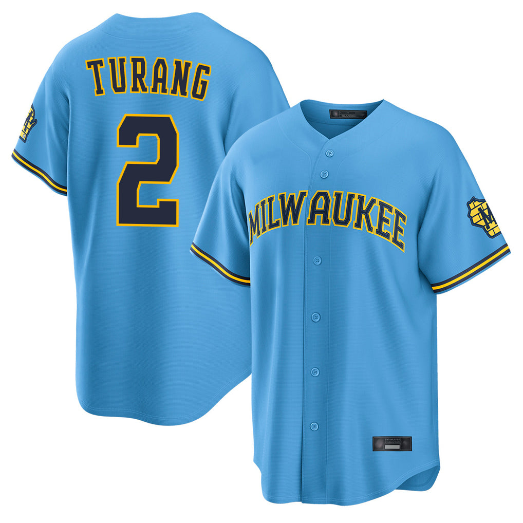 Ldoa M.Brewers #2 Brice Turang Player Light Blue Road Stadium Game Stitched Jerseys