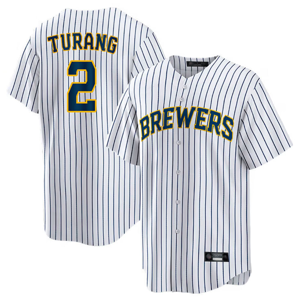 Ldoa M.Brewers #2 Brice Turang Player White Stripes Home Game Stitched Jerseys