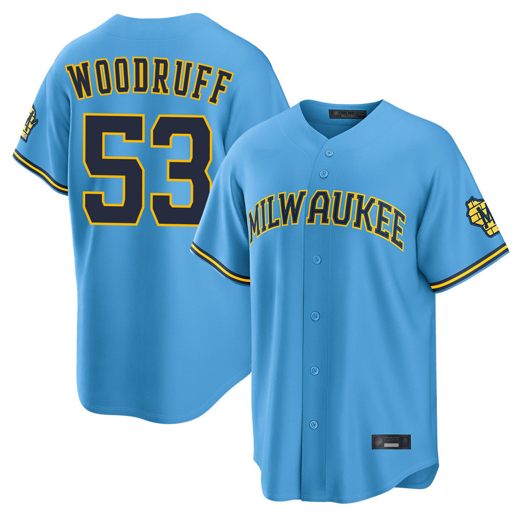 Ldoa M.Brewers #53 Brandon Woodruff Player Light Blue Road Stadium Game Stitched Jerseys