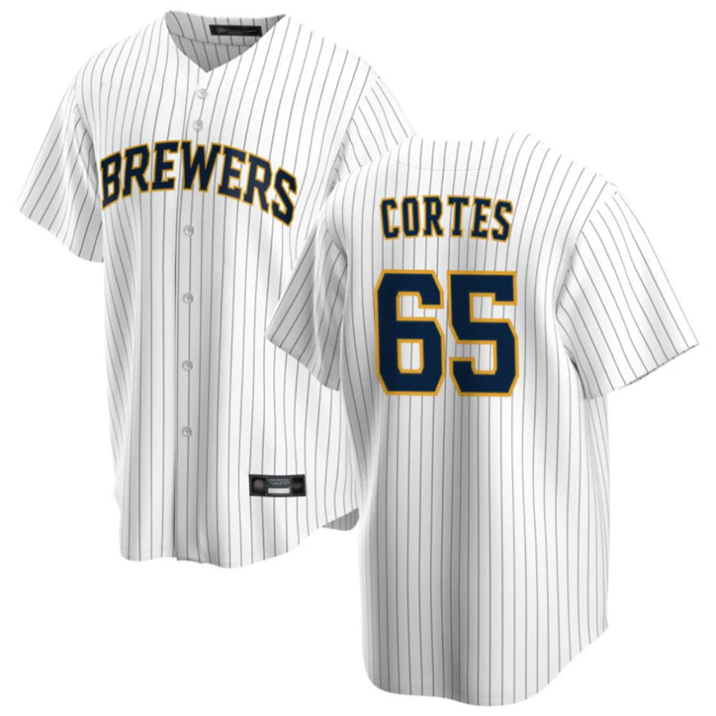 Ldoa M.Brewers #65 Nestor Cortes Player White Stripes Home Game Stitched Jerseys