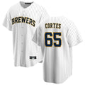 Ldoa M.Brewers #65 Nestor Cortes Player White Stripes Home Game Stitched Jerseys