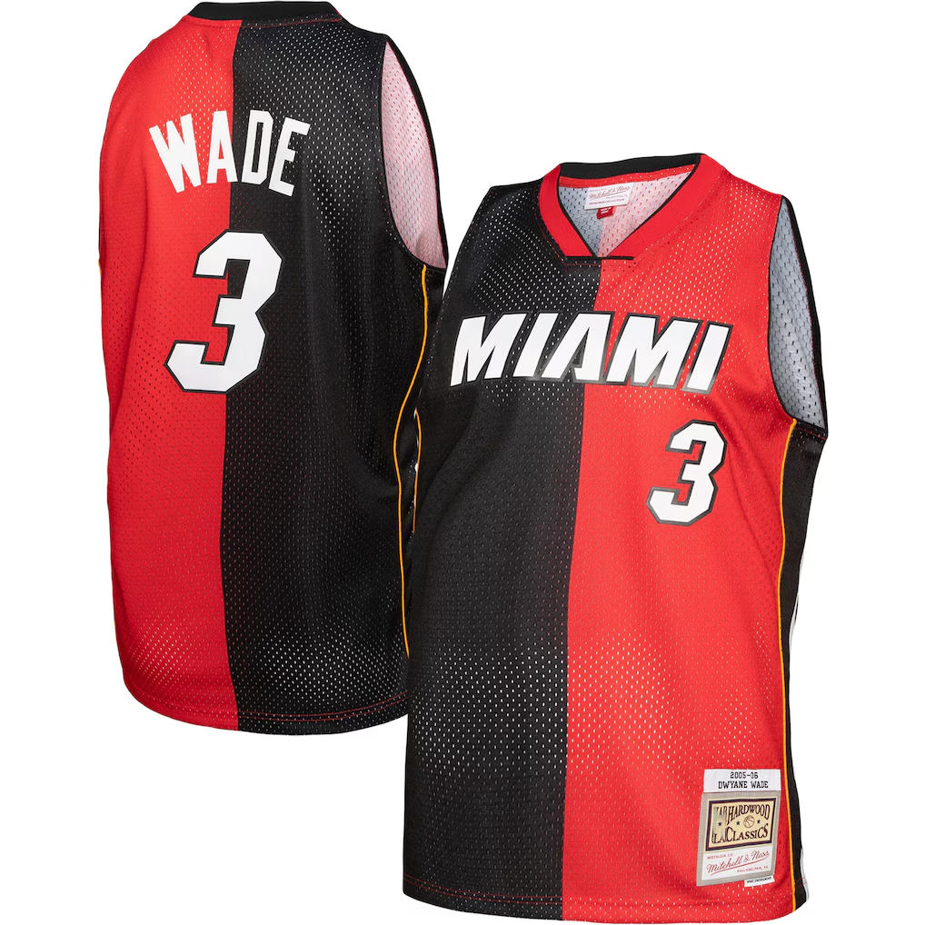 Ldoa M.Heat #3 Dwayne Wade Mitchell & Ness Black Red Big & Tall Hardwood Classics 2005-06 Split Swingman Jerseys