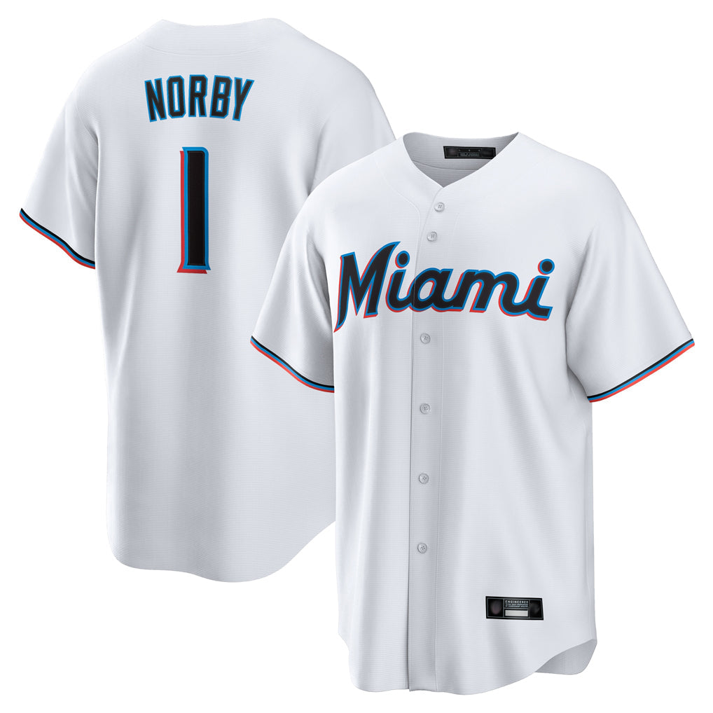 Ldoa M.Marlins #1 Connor Norby Player White  Home Game Stitched Jerseys