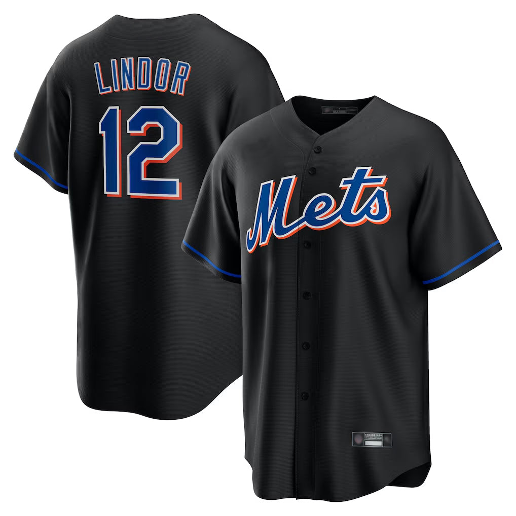 Ldoa NY.Mets #12 Francisco Lindor Player Black Replica Home Game Stitched Jerseys