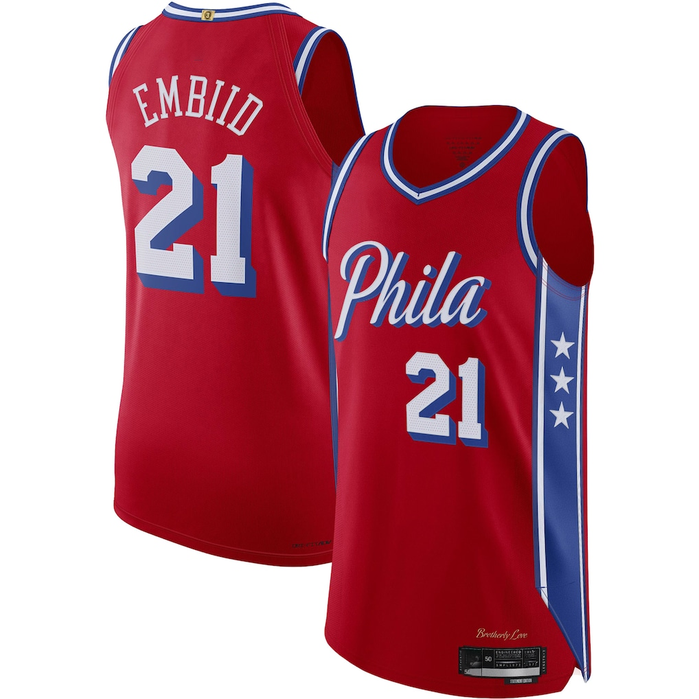 Ldoa P.76ers #21 Joel Embiid Jordan Brand Red Authentic Player Jerseys - Statement Edition