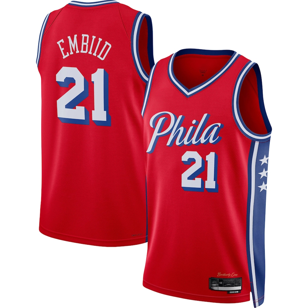 Ldoa P.76ers #21 Joel Embiid Jordan Brand Red Swingman Jerseys - Statement Edition