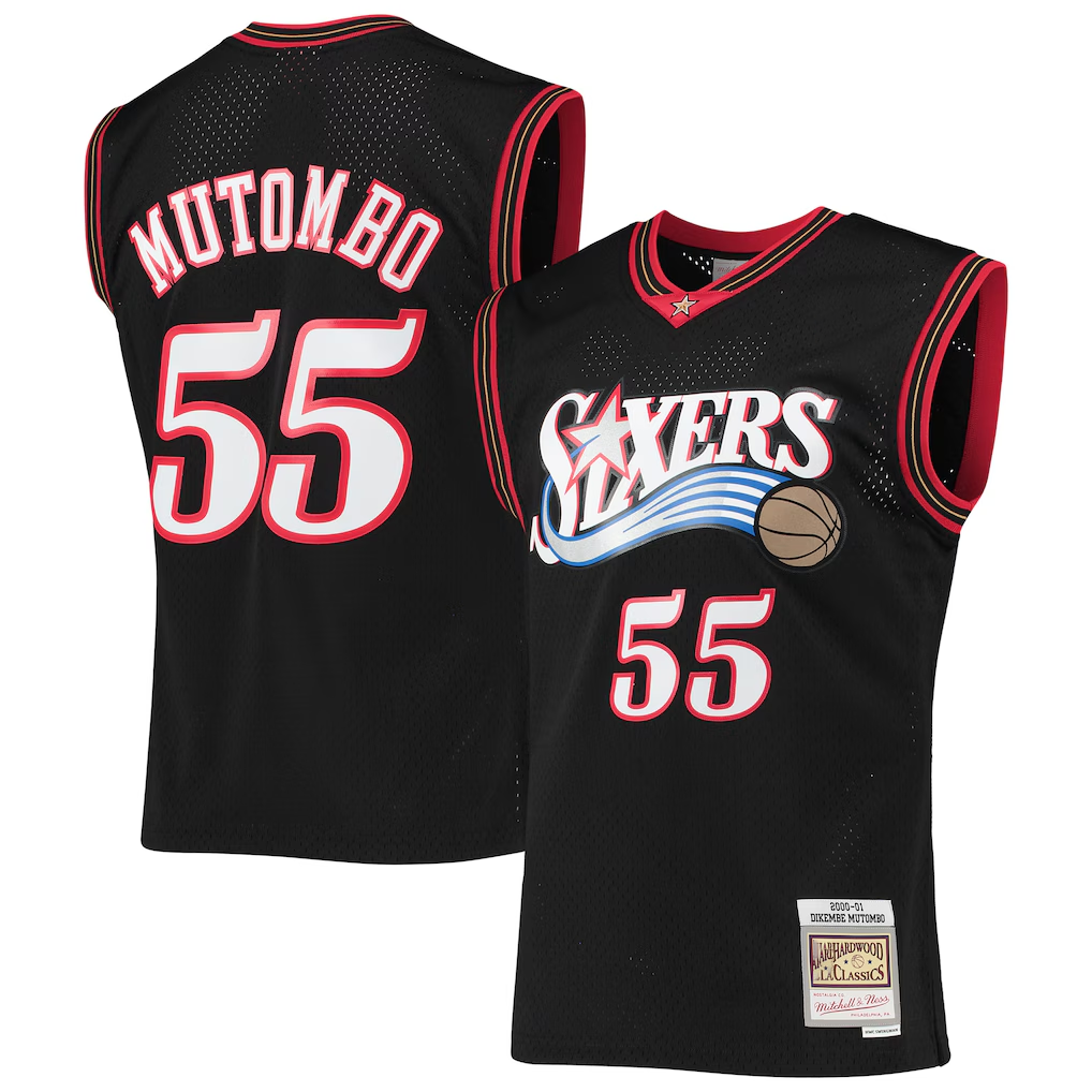 Ldoa P.76ers #55 Dikembe Mutombo Mitchell & Ness Black Hardwood Classics Swingman Jerseys