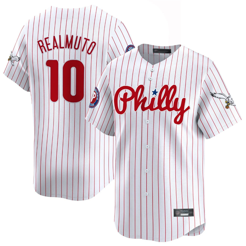 Ldoa P.Phillies #10 J.T. Realmuto Player White Pinstripe Phillies & Eagles Vapor Premier Limited Stitched Jerseys