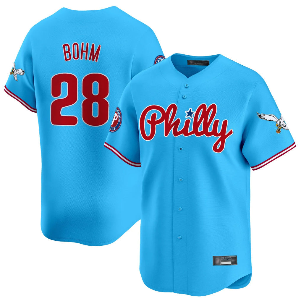 Ldoa P.Phillies #28 Alec Bohm Player Light Blue Phillies & Eagles Vapor Premier Limited Home Stitched Jerseys