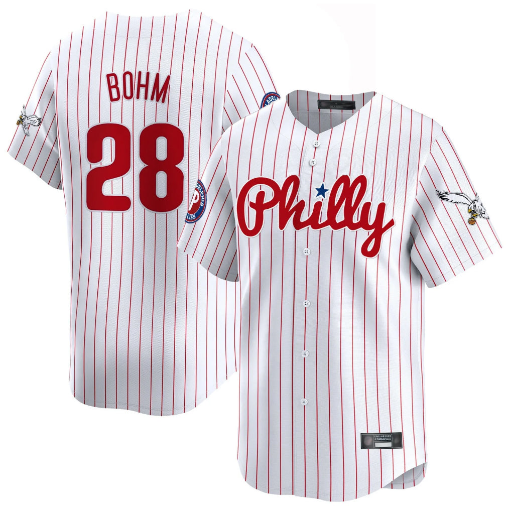 Ldoa P.Phillies #28 Alec Bohm Player White Pinstripe Phillies & Eagles Vapor Premier Limited Stitched Jerseys