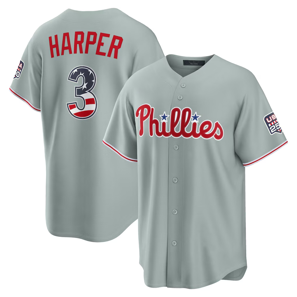 Ldoa PH.Phillies #3 Bryce Harper Gray USA 250 Fourth of July Road Stadium Jersey