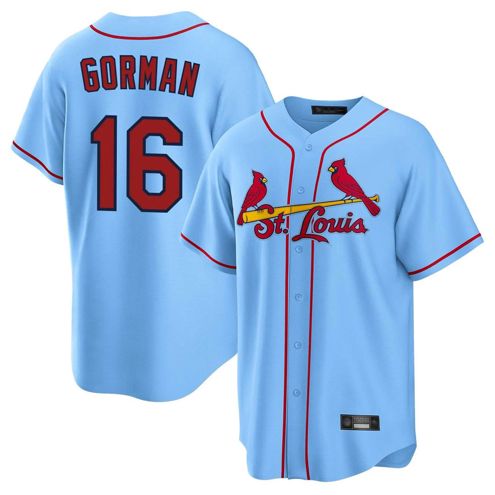 Ldoa St. Louis Cardinals #16 Nolan Gorman Player Light Blue Home Game Stitched Jerseys