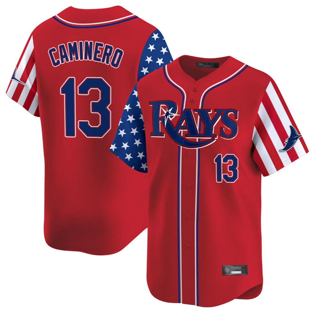 Ldoa TB.Rays #13 Junior Caminero Player Red 2025 Independence Day Vapor Premier Limited Stitched Jerseys