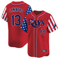 Ldoa TB.Rays #13 Junior Caminero Player Red 2025 Independence Day Vapor Premier Limited Stitched Jerseys