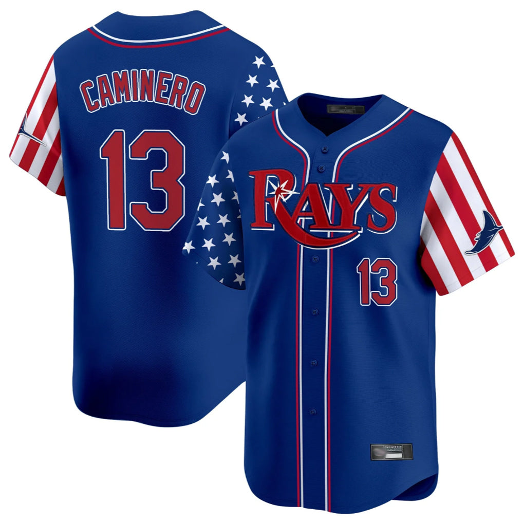 Ldoa TB.Rays #13 Junior Caminero Player Royal 2025 Independence Day Vapor Premier Limited Stitched Jerseys