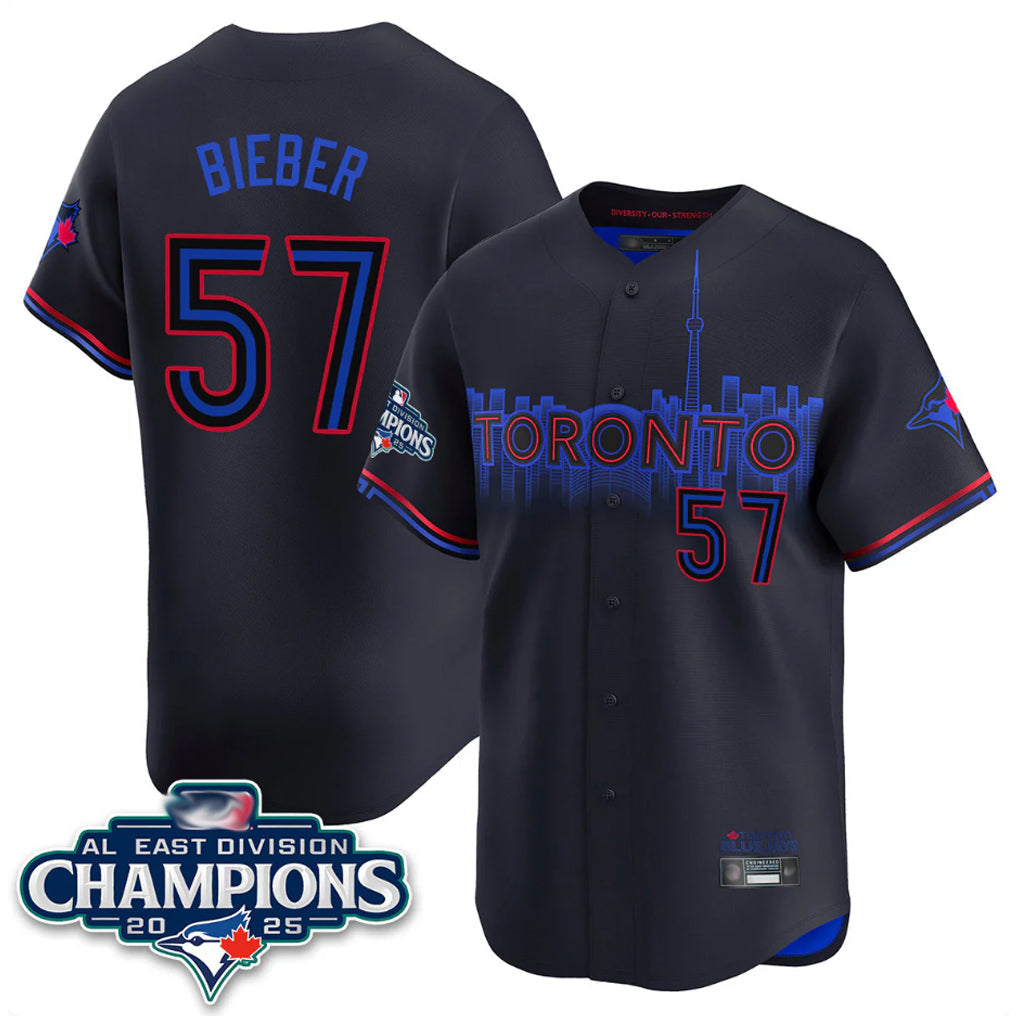 Ldoa T.Blue Jays #57 Shane Bieber Player Black AL East Division City Connect Stitched Jerseys