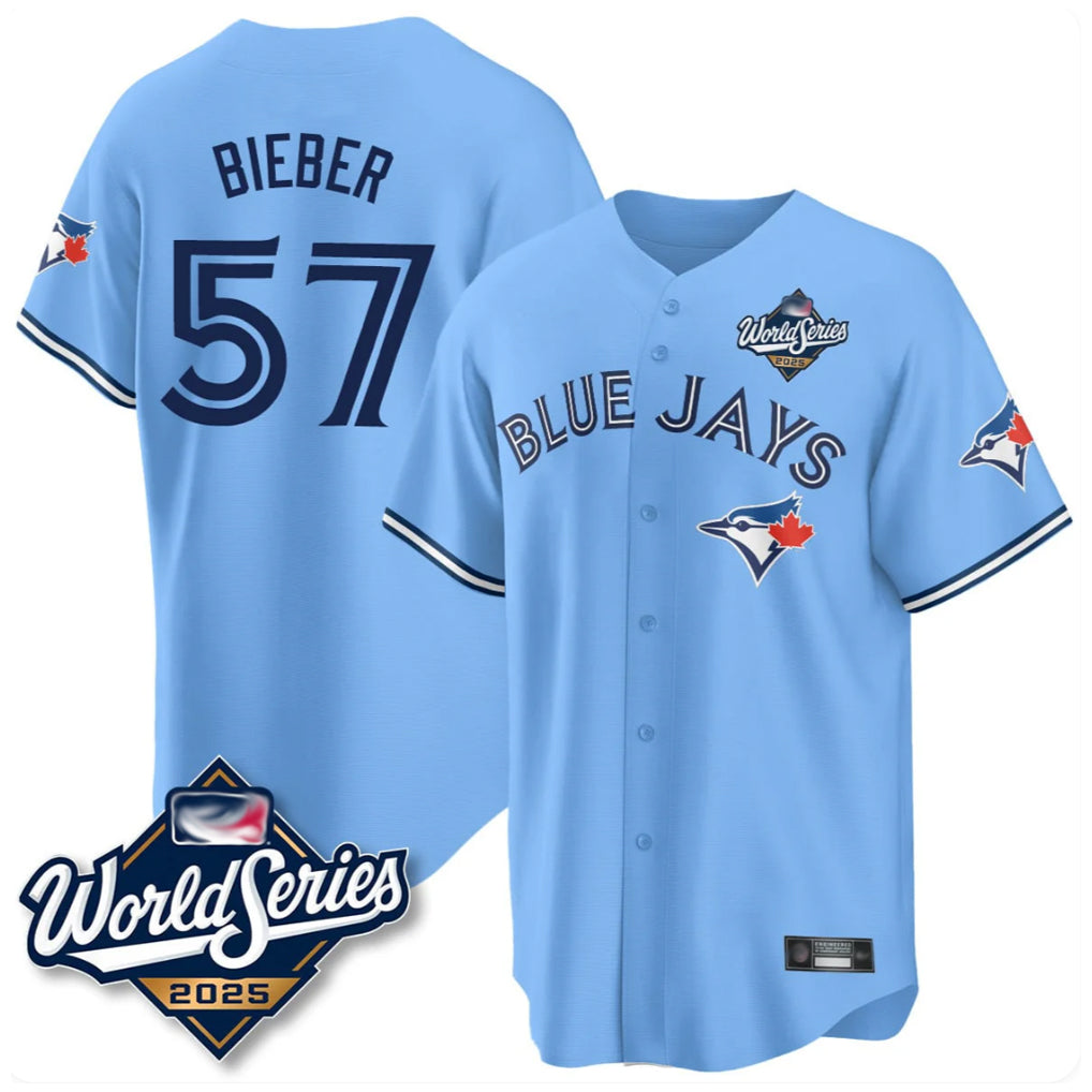 Ldoa T.Blue Jays #57 Shane Bieber Player Blue 2025 World Series All Stitched Jerseys