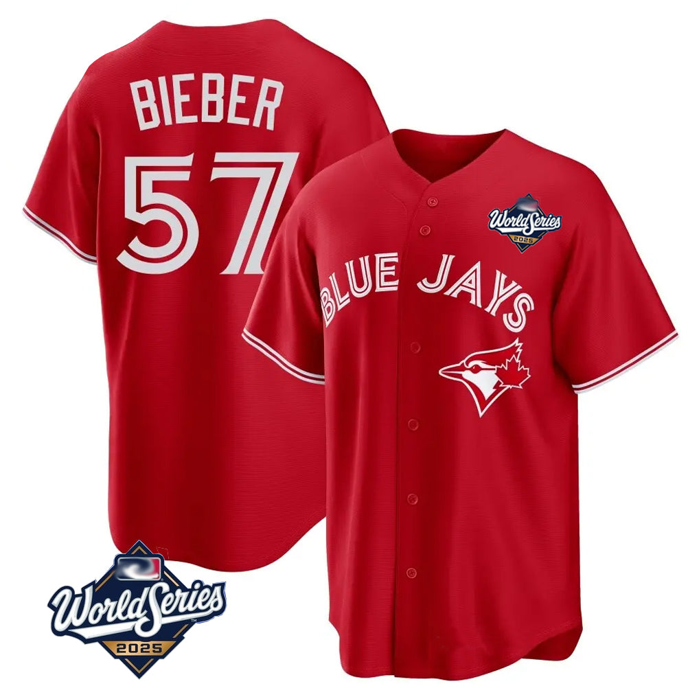 Ldoa T.Blue Jays #57 Shane Bieber Player Red 2025 World Series All Stitched Jerseys