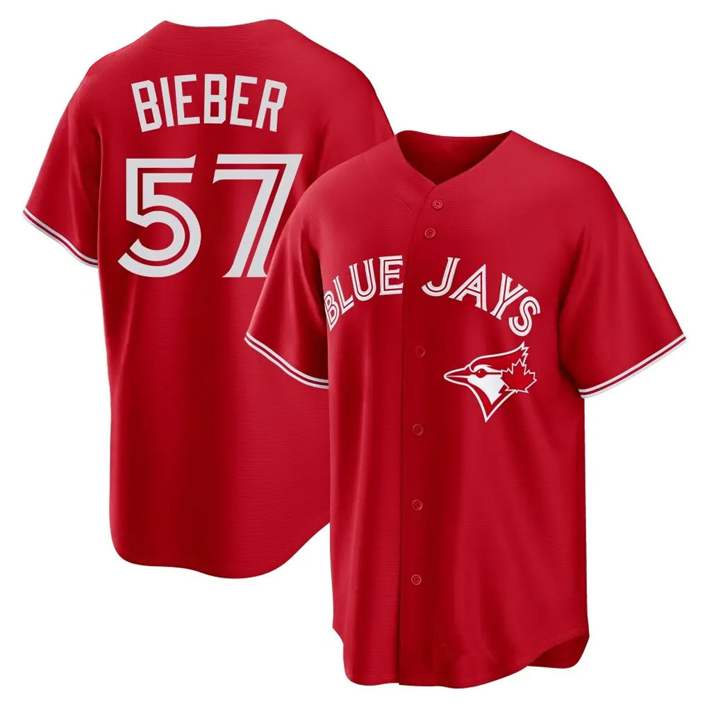 Ldoa T.Blue Jays #57 Shane Bieber Player Red Home Stitched Jerseys
