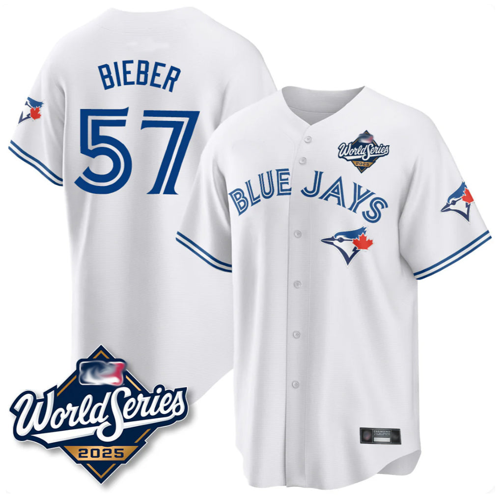 Ldoa T.Blue Jays #57 Shane Bieber Player White 2025 World Series All Stitched Jerseys