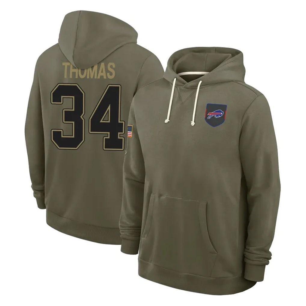 B.Bills #34 Thurman Thomas Player Olive Salute to Service Hoodies Ldoa Stitched Jerseys