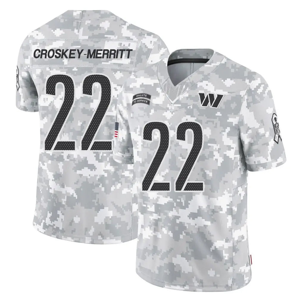 W.Commanders #22 Jacory Croskey-Merritt Player Arctic Camo Limited Salute To Service Home Game Ldoa Stitched Jerseys