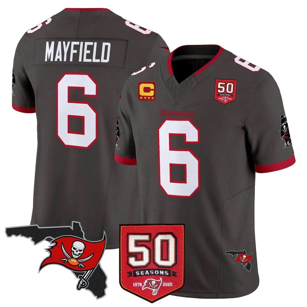 TB.Buccaneers #6 Baker Mayfield Player Pewter 50th Season Vapor Limited Home Game Ldoa Stitched Jerseys