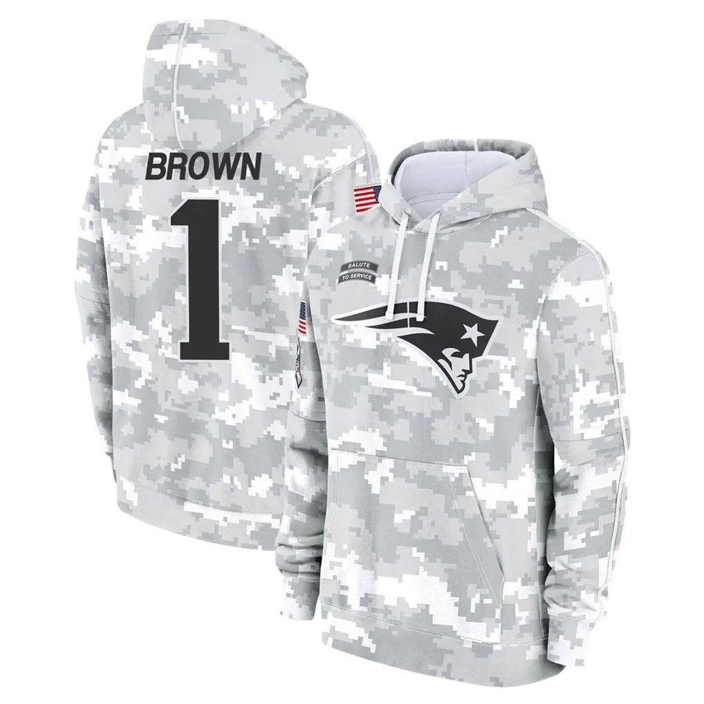 NE.Patriots #1 A.J. Brown Player Arctic Camo Salute to Service Pullover Hoodies Limited Game Ldoa Stitched Jerseys