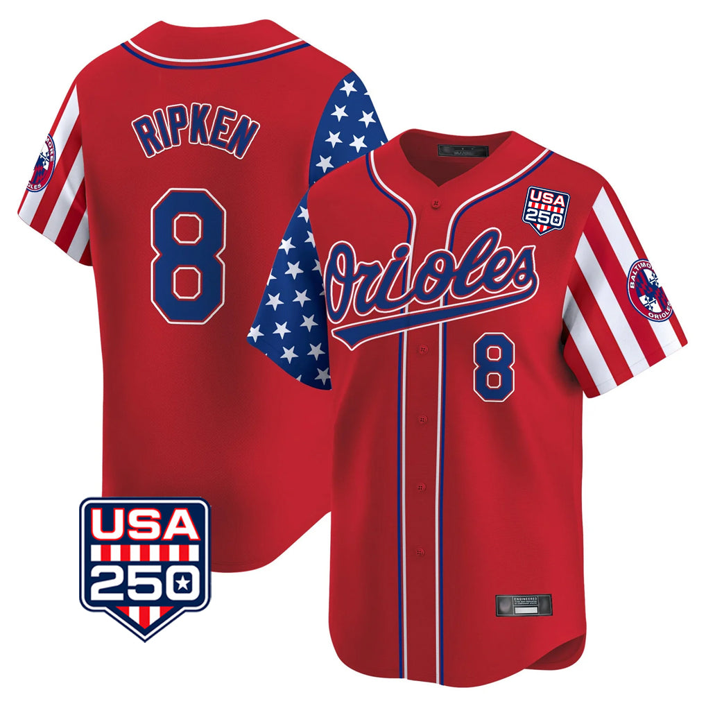 B.Orioles #8 Cal Ripken Player Red USA 250 Independence Day Vapor Premier Limited Home Game Ldoa Stitched Jerseys