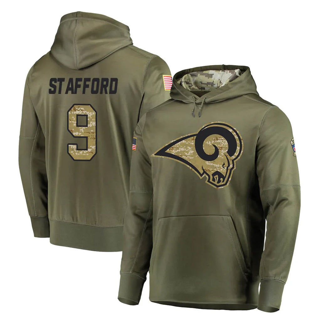 LA.Rams #9 Matthew Stafford Player Olive Salute to Service Pullover Hoodies Home Game Ldoa Stitched Jerseys