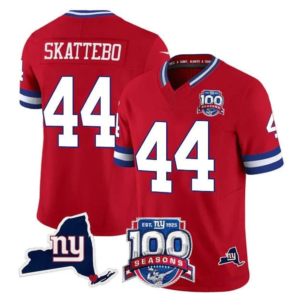 NY.Giants #44 Cam Skattebo Player Red 100th Season & State Patch Vapor Limited Home Game Ldoa Stitched Jerseys